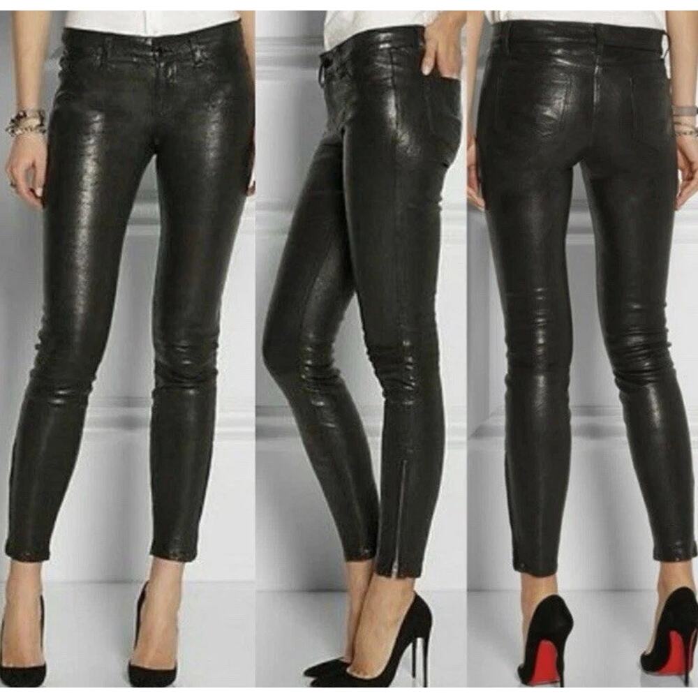 J Brand L8001 French Lambskin Noir Leather Super Skinny Zip Leg Jeans Sz 27